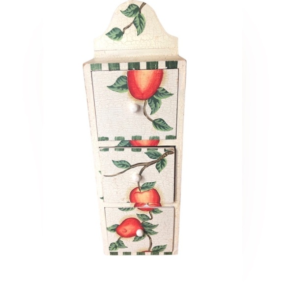 VTG 3 Drawer Kitchen Cupboard Shelves Hand Painted Apples On The Vine 13X5.5X4 - Picture 1 of 6